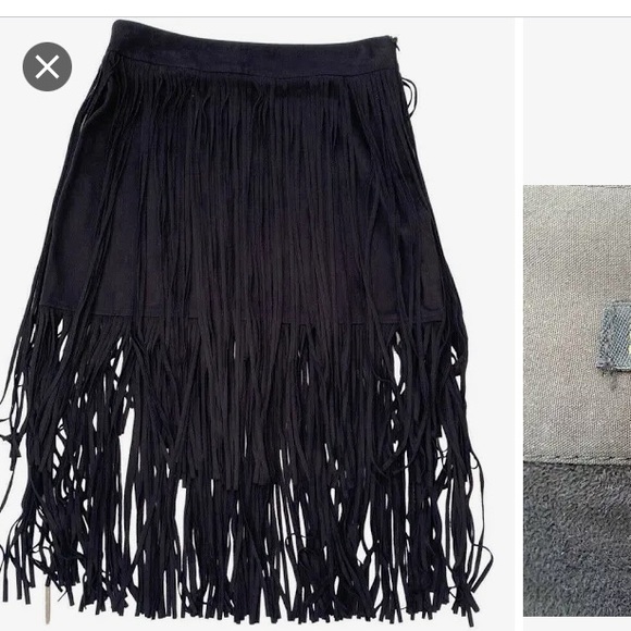 Zara Suede Black Fringe Mini Skirt Size S - Picture 6 of 10